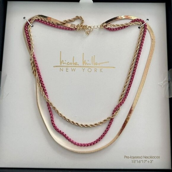Nicole Miller Layered Necklace Triple Gold Tone Pink Snake Rope 3" Ext NEW - Picture 12 of 12